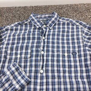 Polo Ralph Lauren Shirt Linen Long Sleeve Button Down Plaid Blue Mens Medium